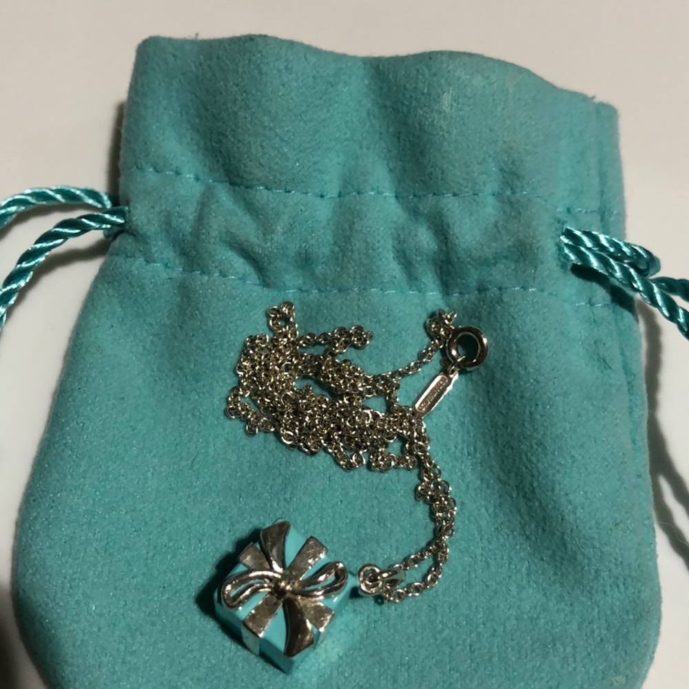 Tiffany  CO. Blue box charm/sterling silver chain